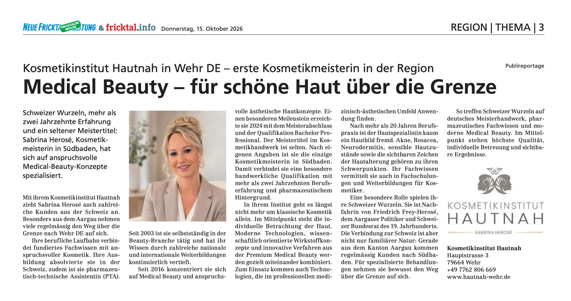 Zeitungsartikel der Neuen Fricktaler Zeitung: &bdquo;Medical Beauty &ndash; f&uuml;r sch&ouml;ne Haut &uuml;ber die Grenze&ldquo; &uuml;ber das Kosmetikinstitut Hautnah